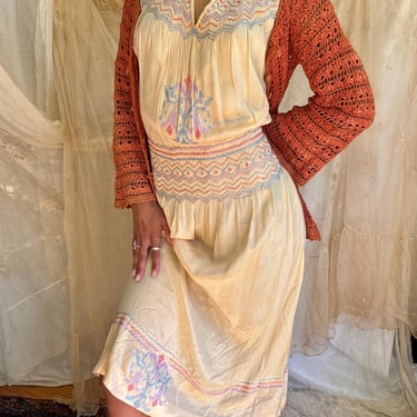 Antique 1920s Hungarian Silk Embroidered Yellow Peasant Dress Small by TimeBa