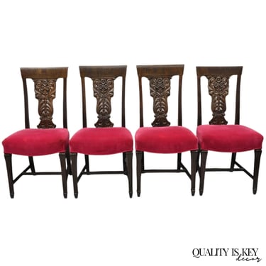 Antique Edwardian Floral Carved Mahogany Red Mohair Dining Chairs - Set of 4