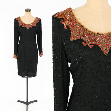 1980s Silky Nites Black Beaded Party Dress | Vintage Beaded Cocktail Dress, Medium 