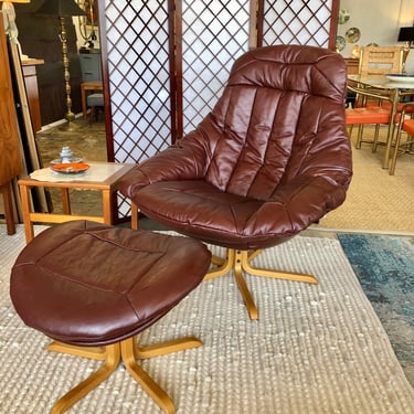 Danish Swivel Lounge Chair and Ottoman in Burgundy Leather