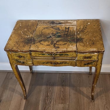 Antique Italian Venetian Rococo Louis XV Chinoiserie Yellow Painted Dressing Table Mirrored Vanity Console 18th / Early 19th Century 