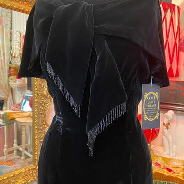 vintage 1980s black velvet cocktail dress beaded shawl collar m/l 1950s style 38 