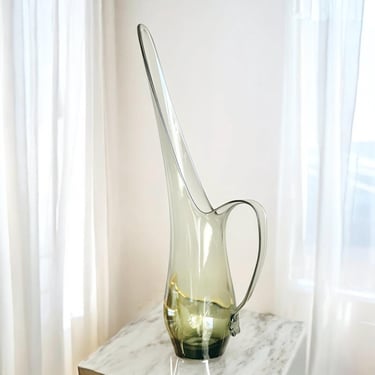 Vintage MCM Smoked Glass Swung Vase Pitcher - Charcoal Gray Barware Decor 