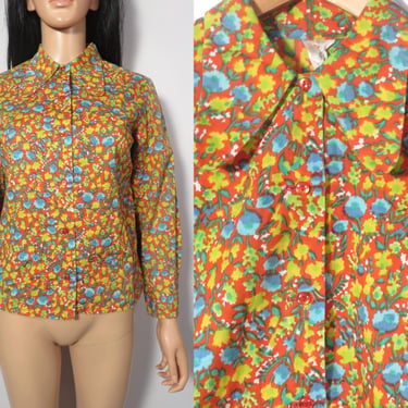 Vintage 60s/70s Bright Floral Dog Ear Collar Blouse Size S 