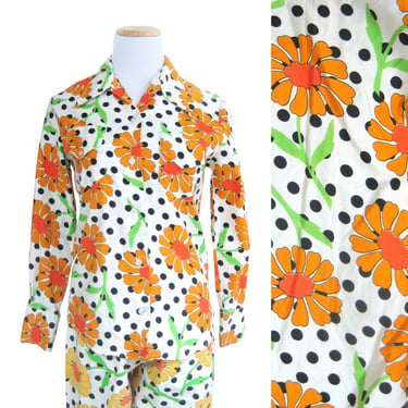 Bright MOD Floral Pants and Blouse, Capri Pants, Orange Flowers, Black and White Polka Dots, 100% Cotton, Made in Japan, Size 12 