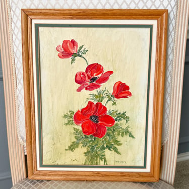 Oil Painting, Poppies Floral Still Life, Framed, Artist Signed, 70s 80s Original Art 