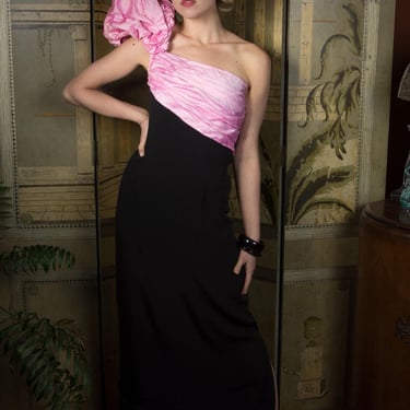 1980s Dress - Vintage 80s VICTOR COSTA Dramatic One Shoulder Dress with Pink Silk Shantung over Black 