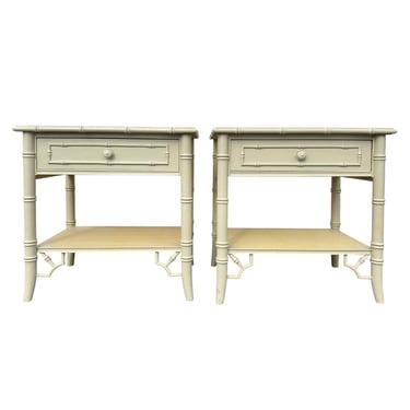 Set of 2 Vintage Faux Bamboo Nightstands by Thomasville Allegro - Pair of Hollywood Regency Coastal Fretwork End Tables 