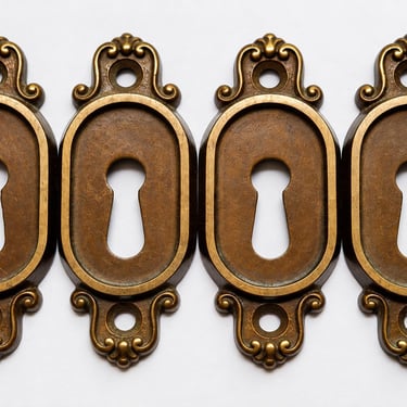Set of 4 Vintage Brass Keyhole Escutcheons, Ornate Furniture Hardware 
