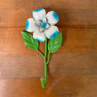 Vintage Italian Tole Flower Wall Hook, Aqua White And Green, Shabby Chic Decor, Boudoir, Toleware, Necklace Hanger, Light clothing 