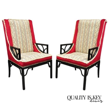 Vintage Chinoiserie James Mont Style Black Fretwork Lounge Arm Chairs - a Pair