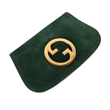 Gucci Vintage Original 1970s Green Suede Large Golden GG Logo Blondie Clutch Bag