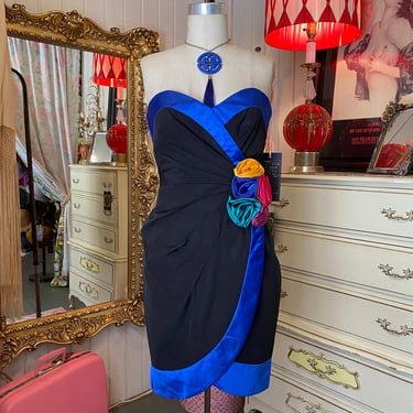 vintage 1980s a j bari cocktail dress black strapless wrap style rainbow rosette 