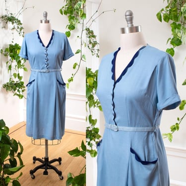 Vintage 1950s Shirt Dress | 50s Scalloped Blue Linen Color Block Shirtwaist Sheath Day Dress with Cute Pockets | large/x-large 