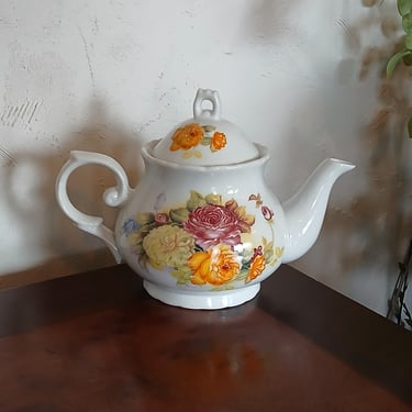 Vintage White Ceramic Teapot with Colorful Florals 