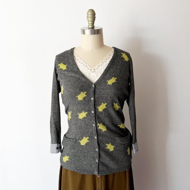 Slow & Steady Cardigan • Size S • Gray Turtle Intarsia V-Neck Sweater Anthro 