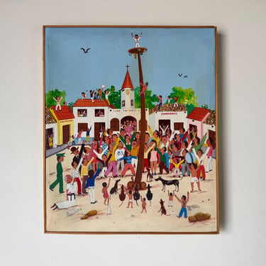 1976 Vintage Spanish Folk Carnival Oil On Canvas Painting by Fidel Fontalvo 