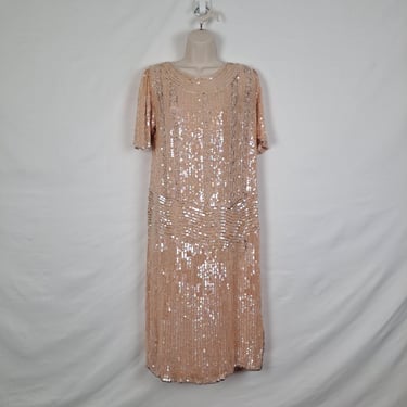 Vintage 80s Shell Pink Beaded Sequin Dress 