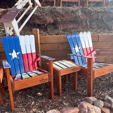 Hand Painted Indoor/Outdoor Alpine Snowboard & Ski Chair, Texas Flag Ski Chair, Wood Patio Chair, Fire-pit Chairs, man cave chairs, skis 