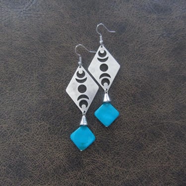 Teal mother of pearl and silver celestial earrings 