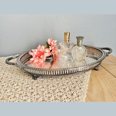 Vintage Ornate Tray, Engraved Design, Footed, Cut Out Edge, Large Size, Dresser, Living Room Decor 