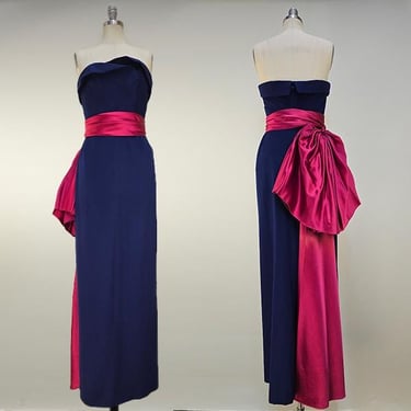 Rare 1950s Gown / Karen Stark for Harvey Berin / 1950s Strapless / Blue Wool Gown w/ Fuchsia Satin Sash / 1950s Evening Gown / Size Small 