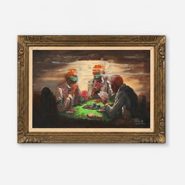 Vintage Signed Latin American Poker Scene Oil Painting by Rodolfo Tarallo, c.1980's 