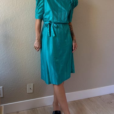 80s Teal Dress 80s Puffy Shoulder Dress 80s Mid Dress 80s Tie Waist Dress Vintage Glam Teal Dress 80s Glam Dress 80s Especially Yours NY 