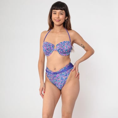 Floral Bikini 80s High Cut Two Piece Purple Blue Pink Halter Neck Underwire High Waisted Bottom Swimwear Vintage Bathing Suit 36DD Medium 