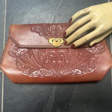 Vintage 1960s Brown Tooled Leather Clutch Bag 