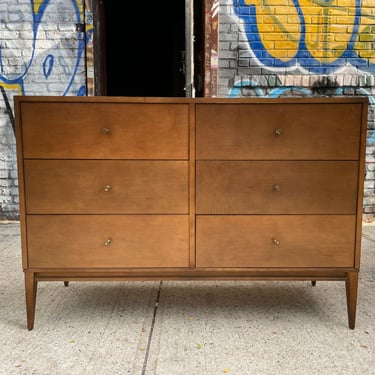 Vintage Paul Mccobb planner group modern mid century 6 drawer blonde maple dresser corner legs brass pulls 