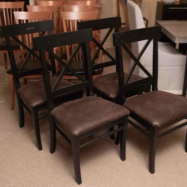Set Of Arhaus 4 Black Finish Acacia Wood X Back Faux Leather Seat  Dining Chairs