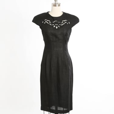 90s Nancy Johnson black linen structural cutout back dress 