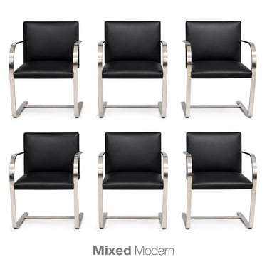 Mies Van Der Rohe Knoll Black Leather Chrome Brno Dining Chairs - Set of 6 