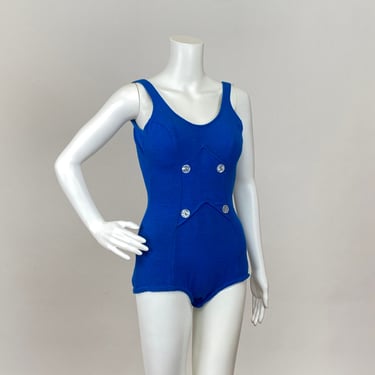 Authentic Vintage 1950s one piece Bright Blue Knit Cotton Bathing Suit Lucite Plastic Buttons Swim Suit Pin up photo shoot 