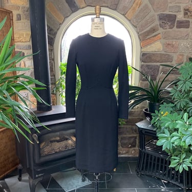 Vintage 1950s Black Wool Knit Fitted Formal Dress with Decorative Cording Gay Gibson 