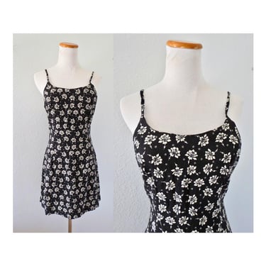Vintage 90s Floral Mini Dress - 1990s Black Flower Print Rayon Summer Slip Sundress - Size Small 