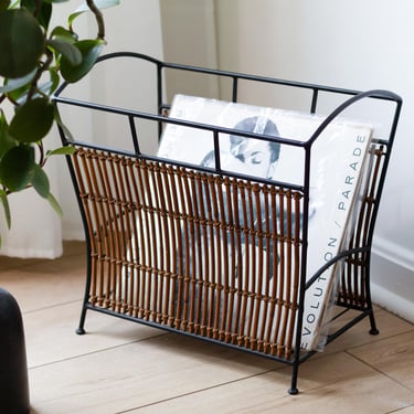Vintage MCM Wrought Iron Magazine Rack Woven Bamboo Wicker Mid Century Modern 