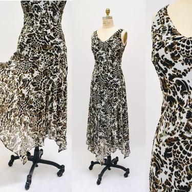 Vintage 00s Y2K Bias Cut Dress White Black Brown Floral Animal Print Sequin Dress Medium 90s 00s Y2k Bias Cut Brown Black Dress 