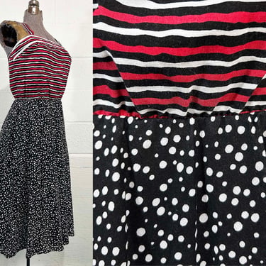 Vintage Striped & Polka Dot Sundress Red White Black Sally Lou Sun Dress Sleeveless Circle Skirt 1970s Small XS 