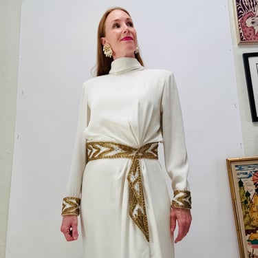 Vintage Bob Mackie Dress Off White Gold Dress Beaded Sequin Dress Vintage Long Sleeve Cream Wedding Party Dress 90s Medium large 1992 