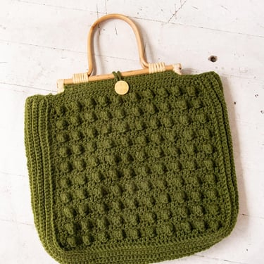 1970s Purse Green Wool Knit Bamboo Handle Tote Bag 