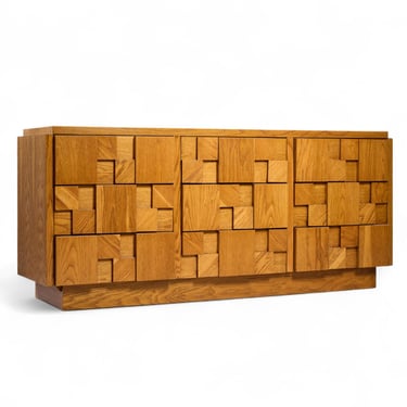 Lane Staccato Brutalist Mid Century Oak Lowboy Dresser - mcm 