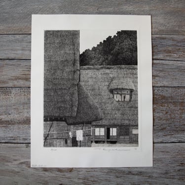 Rare Vintage Tanaka Ryohei Original Artist Proof Etching and Aquatint Print Artwork Signed by Japanese Roofs of Hida 1973 