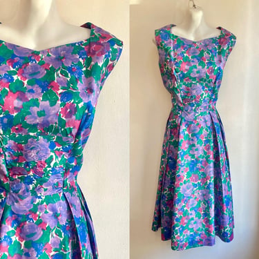 Vintage 50s Dress / Floral Garden Party Dress / Occasion Dress / Wide Neckline + Ruched Bodice + Full Skirt / Lavender + Pink + Blue + Green 