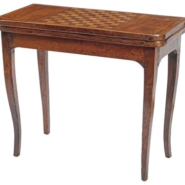 18th Century French Provincial Louis XV Period Walnut Fruitwood Parquetry Fold-top Games Table with Inlaid Chessboard & Leather Surface 