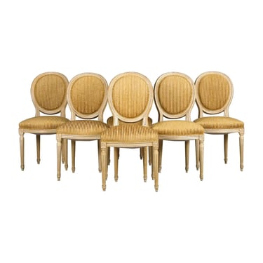 DELIVERY CHARGE Antique French Louis XVI Dining Chairs W/ Striped Chenille, Set of 6 