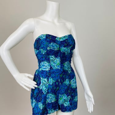 Sexy Authentic Vintage 1950s Brilliant Fashions abstract patterned strapless Bathing Suit Swim Suit Pin up photoshoot purple blue green 