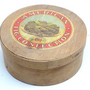 Antique American Fig Bentwood Box with Original Paper Lithographed Label, Vintage Farm House 