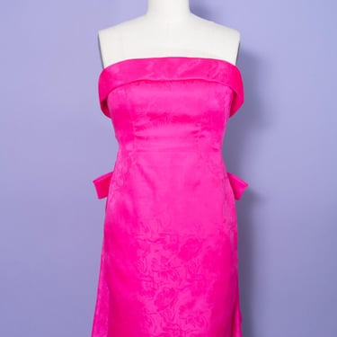 RARE 1980s Scaasi Boutique Neon Pink Silk Jacquard Strapless Party Dress 